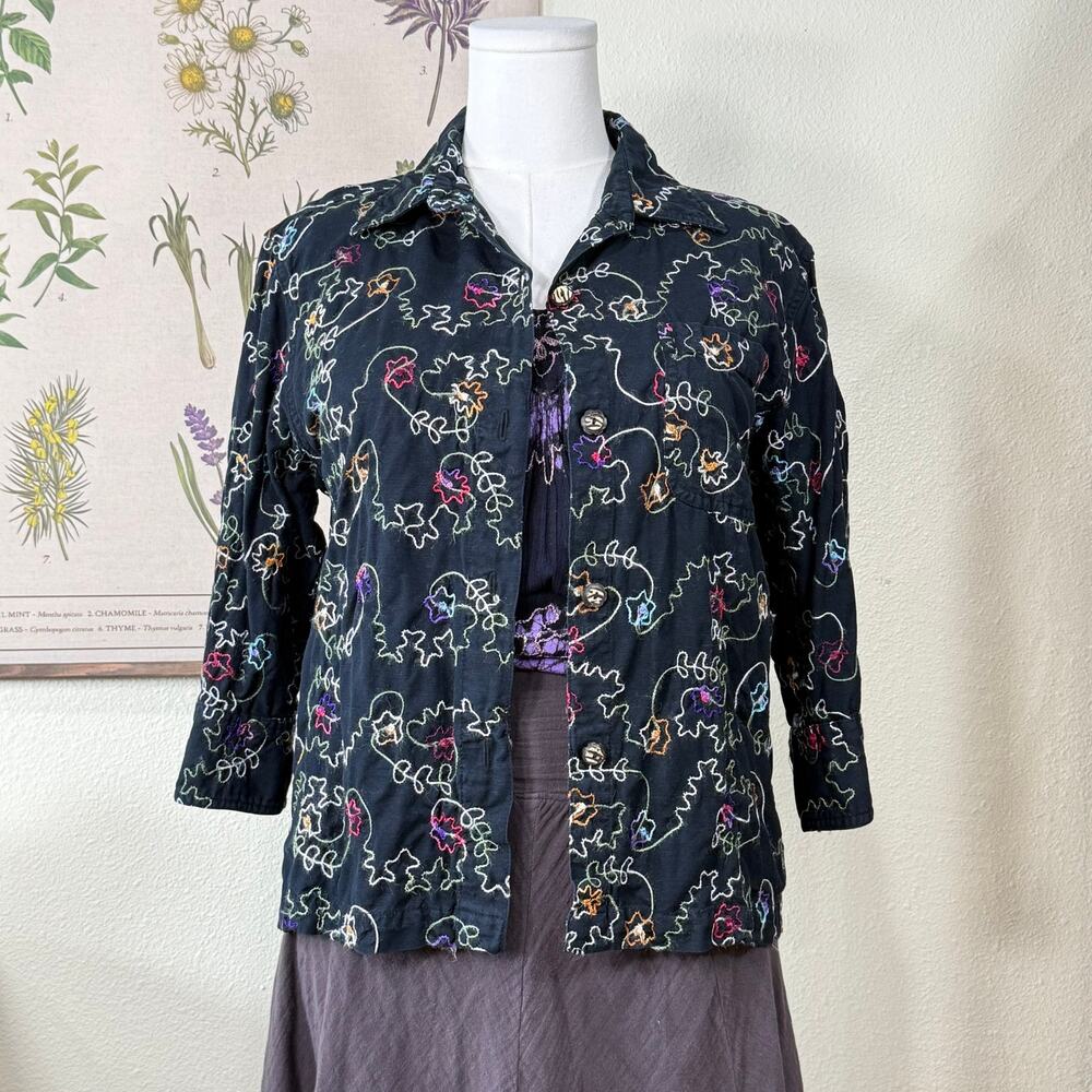 Vtg 90s Y2k Embroidered Floral Linen Top Shirt Whimsigoth Witchy Fairy Grunge M